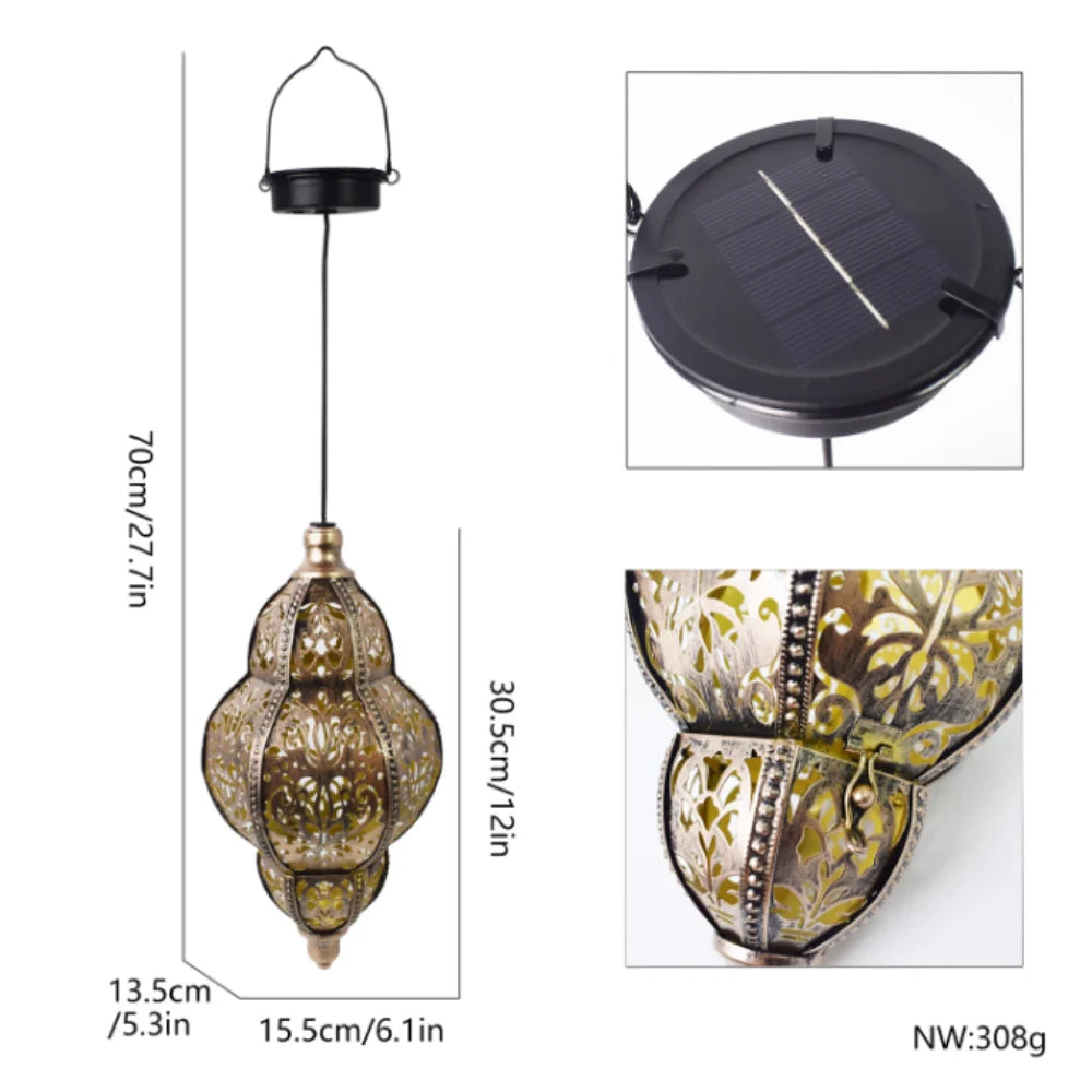 lampe suspendue dorée artisanale plaque solaire chaîne ajourée extérieur jardin traditionnelle