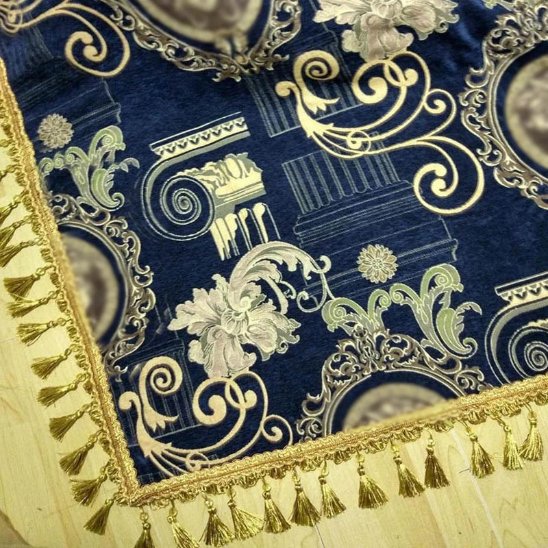 serviette classique bleu marine ornement baroque fleurs tassel doré laine coton large