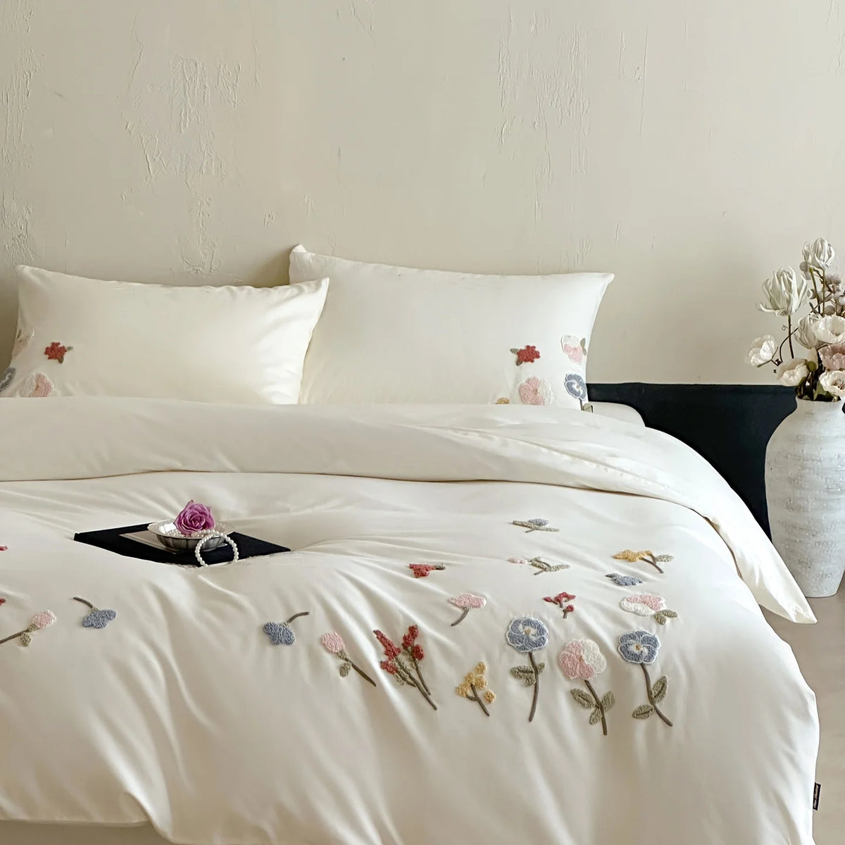 ensemble literie brodé fleurs blanc moderne 100 polyester pièces taies oreiller couvre lit housse