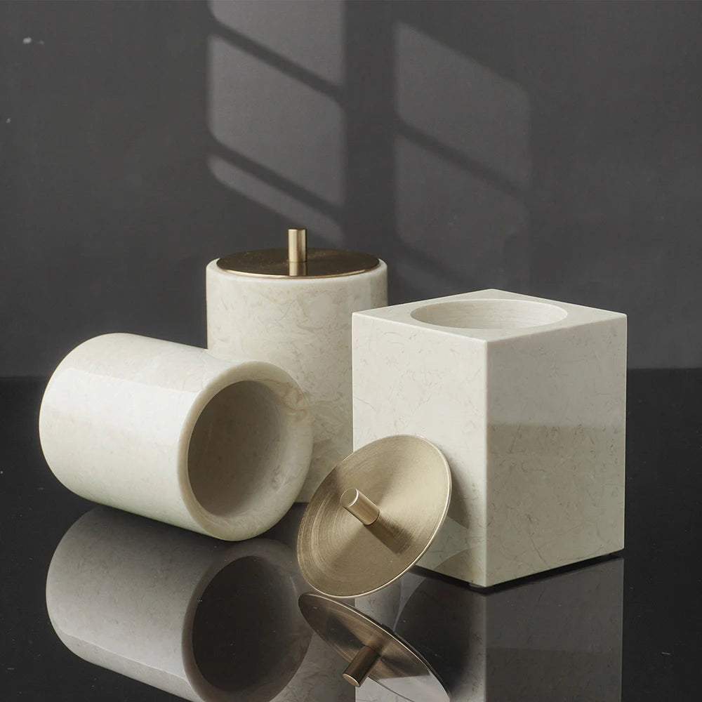 ensemble salle bain marbre blanc doré plateau distributeur savon accessoires