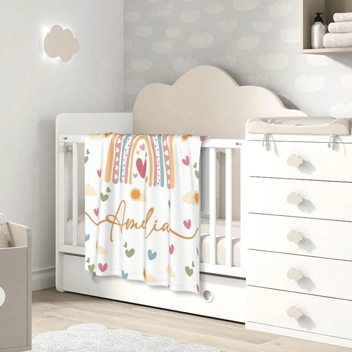 couverture flanelle personnalisable arc ciel coeurs nuages moderne enfantine blanc rouge verte bleue.orange