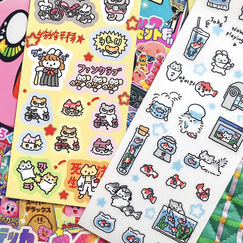 sticker kawaii animal mignon dessin animé rose blanc bleu vert gris noir adhésif personnages
