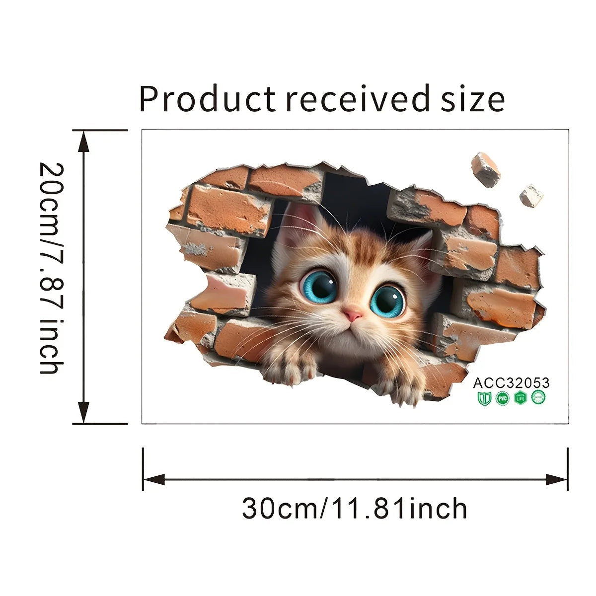 sticker decoratif chat 3d brique brise mur orange marron blanc bleu adhesif 20x30cm