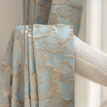 rideau classique bleu clair fleurs dorées occultant polyester chambre salon maison luxe épais épais