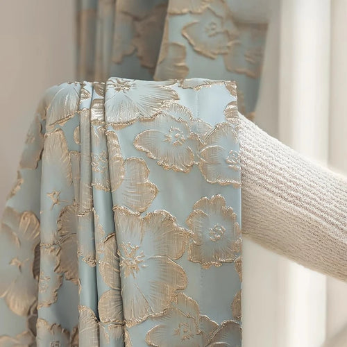 rideau classique bleu clair fleurs dorées occultant polyester chambre salon maison luxe épais épais