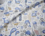 tissu coton imprimé thème marin poissons coquillages enfants blanc rose bleuclair vert