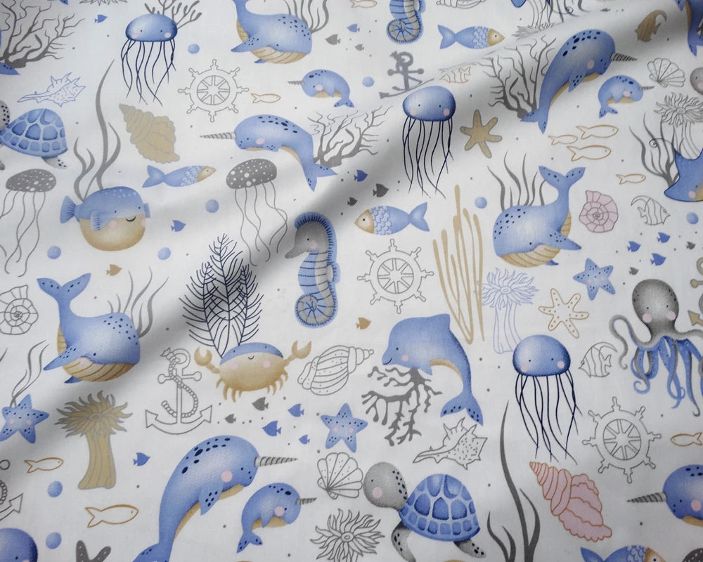 tissu coton imprimé thème marin poissons coquillages enfants blanc rose bleuclair vert