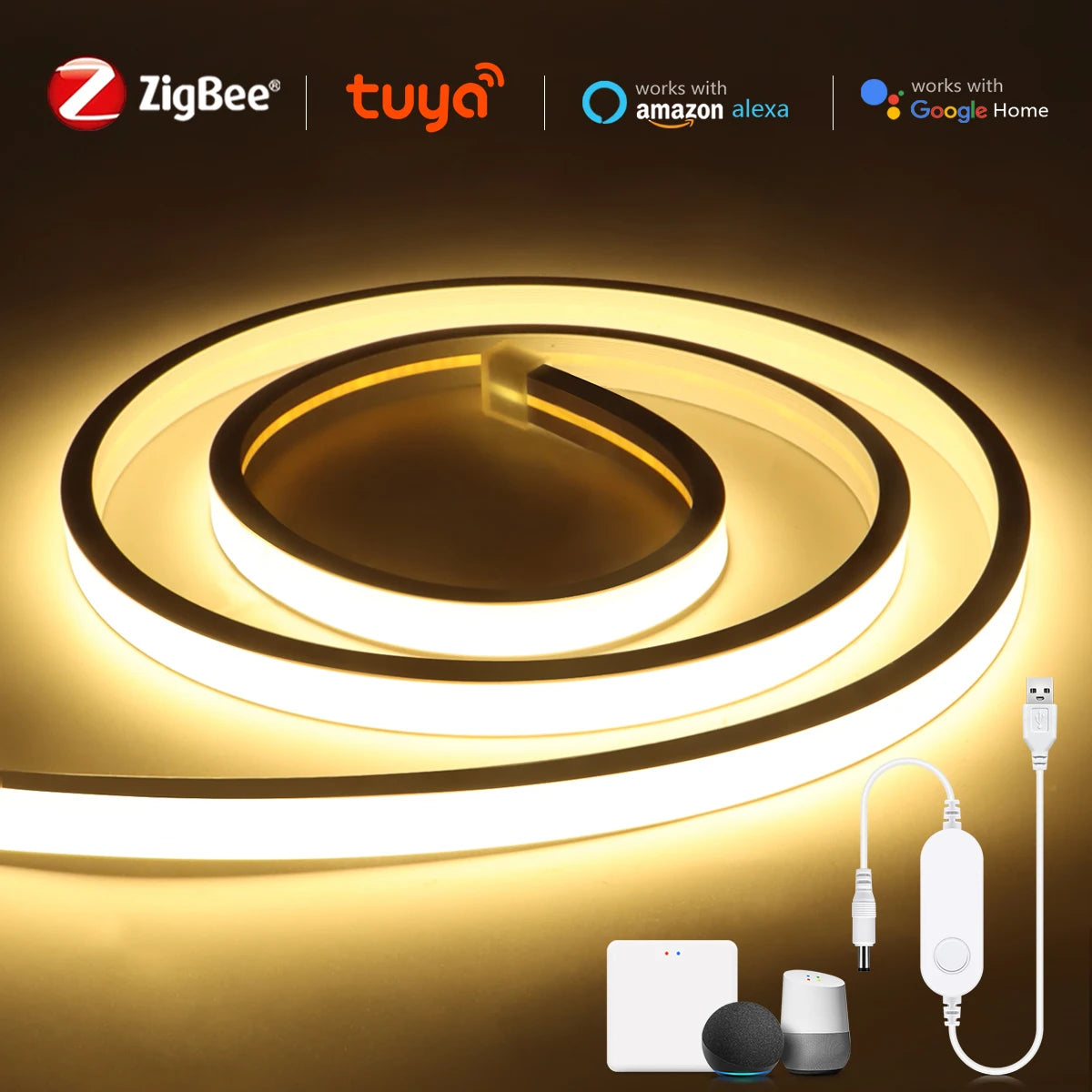 ruban led blanc adhésif dimmable wifi zigbee tuya alexa controleur moderne minimaliste