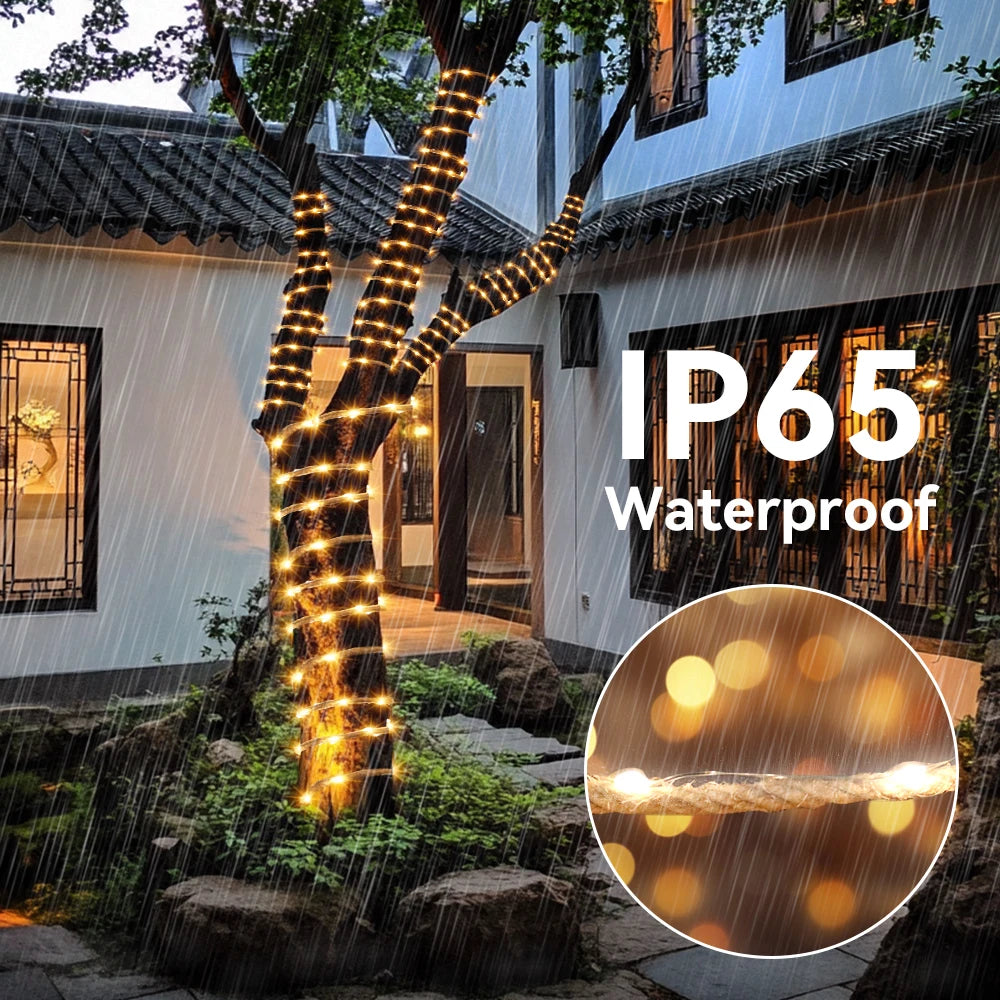 guirlande lumineuse solaire 100 led 10m corde chanvre jardin extérieur modes ip65