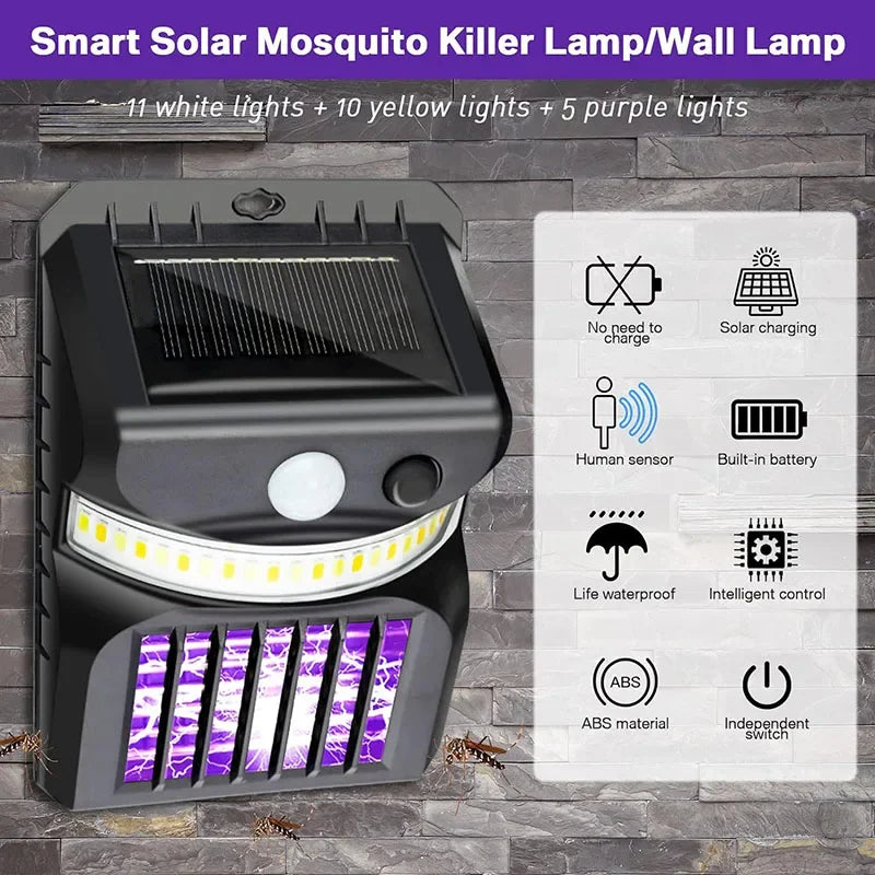 lampe anti moustiques solaire led noire capteur mouvement mode nuit vacances moderne pratique