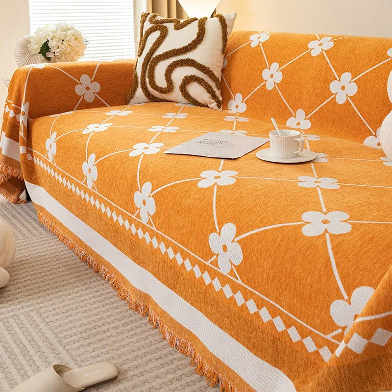 couverture canapé orange motif géométrique moderne adhésif lavable machine 180x230cm
