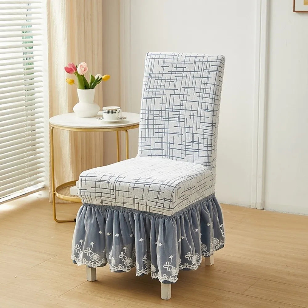 housse chaise moderne élégante polyester coton blanc bleu vert dentelle adhésive salon classique