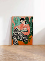 tableau illustration femme chat abstraite moderne orange vert noir blanc