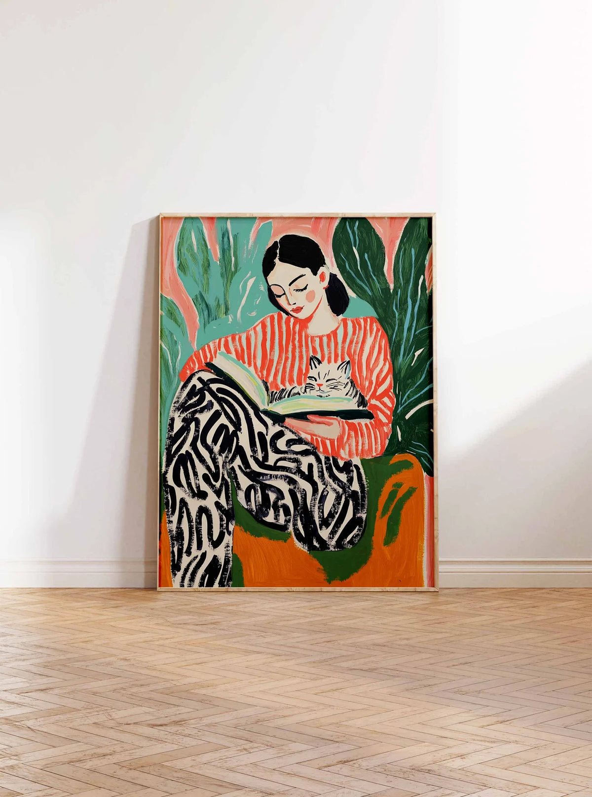 tableau illustration femme chat abstraite moderne orange vert noir blanc