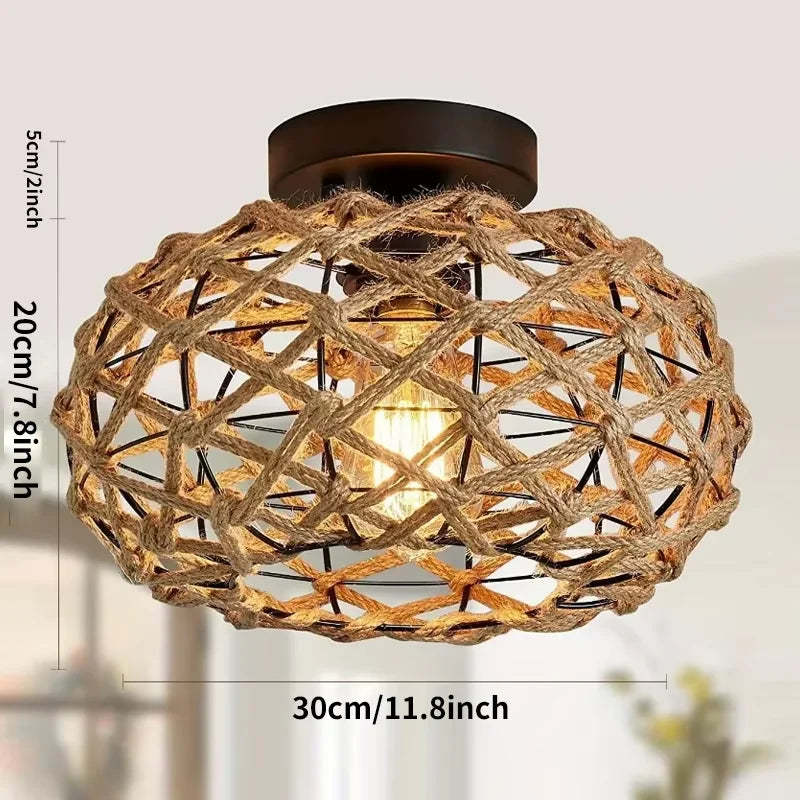 lampe suspendue marron clair rustique moderne tissage corde naturelle fixation chambre cuisine couloir