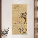 peinture suspendue chinois bambou fleurs insectes textes beige noir rouge vert