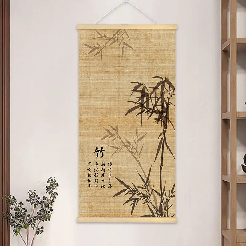 peinture suspendue chinois bambou fleurs insectes textes beige noir rouge vert