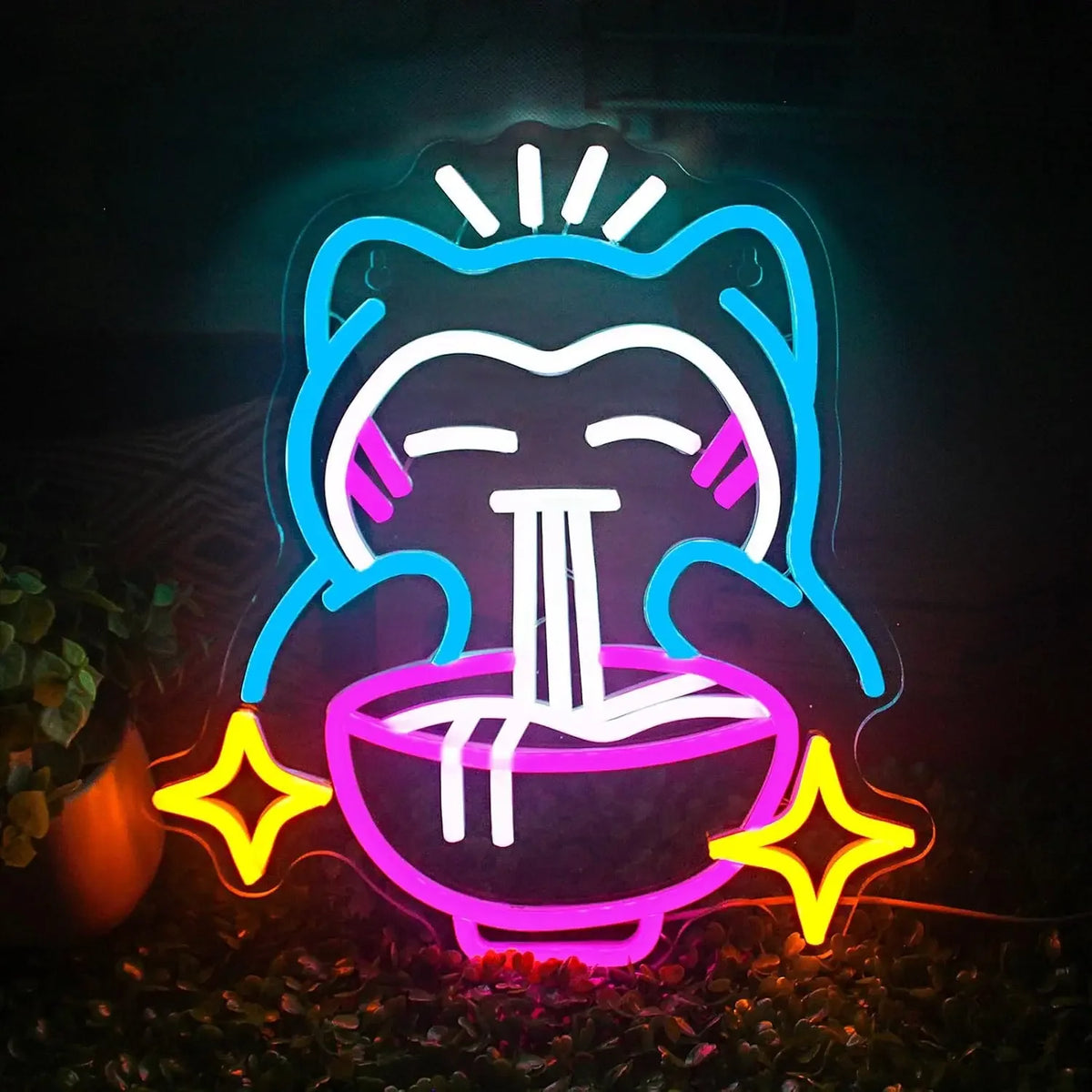 décoration murale néon chat nouilles ramen couleurs vives moderne suspension câbles usb