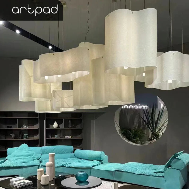 lustre suspension moderne tissu beige clair nuage salon hall restaurant