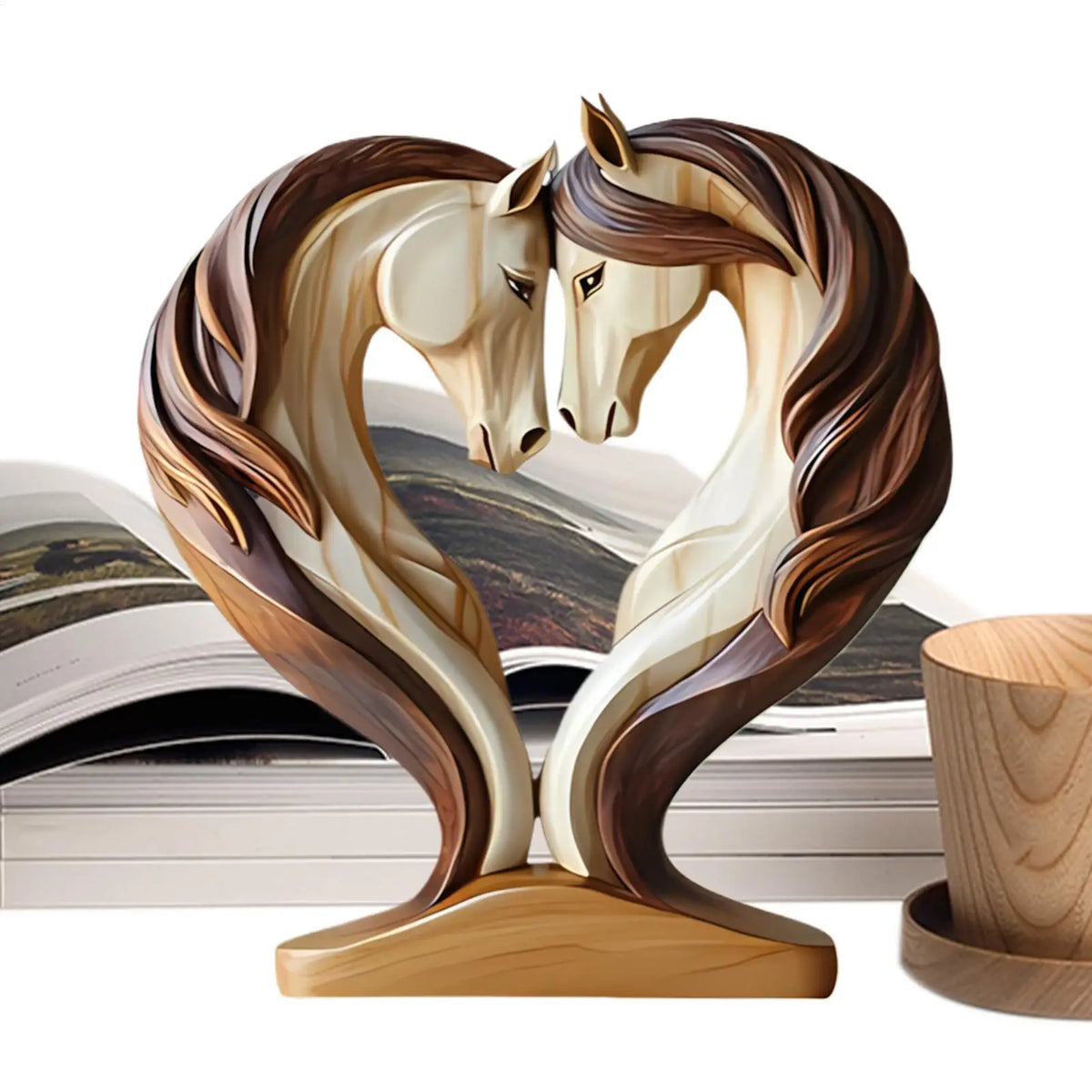 statues chevaux bois marron texture naturelle artisanat base plate salon décoration