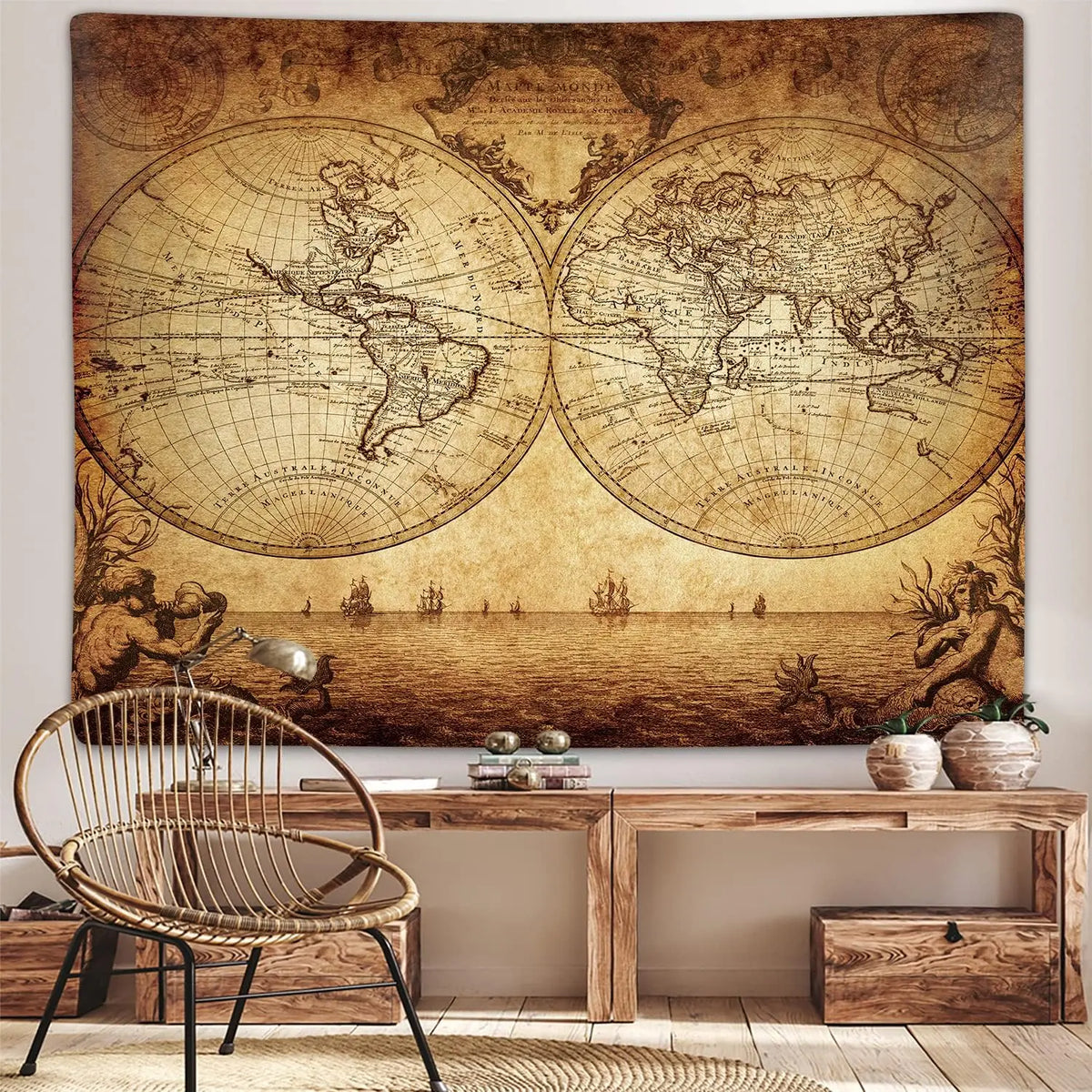tapisserie murale carte monde ancienne beige marron vintage bateaux figures historiques rectangle polyester