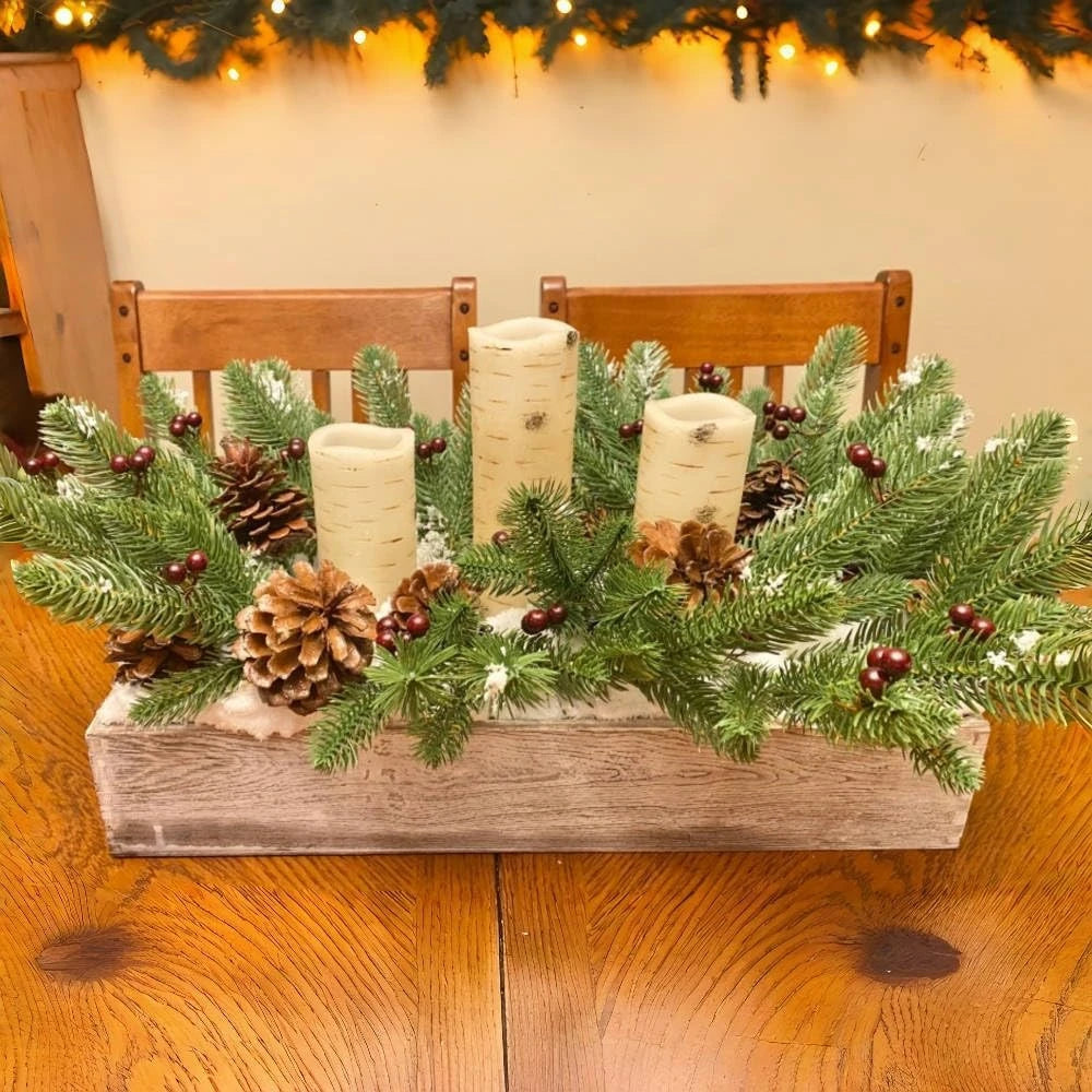 bouquets branches vertes artificielles conifères baies rouges cônes pin decoration noel hiverintérieurextérieur