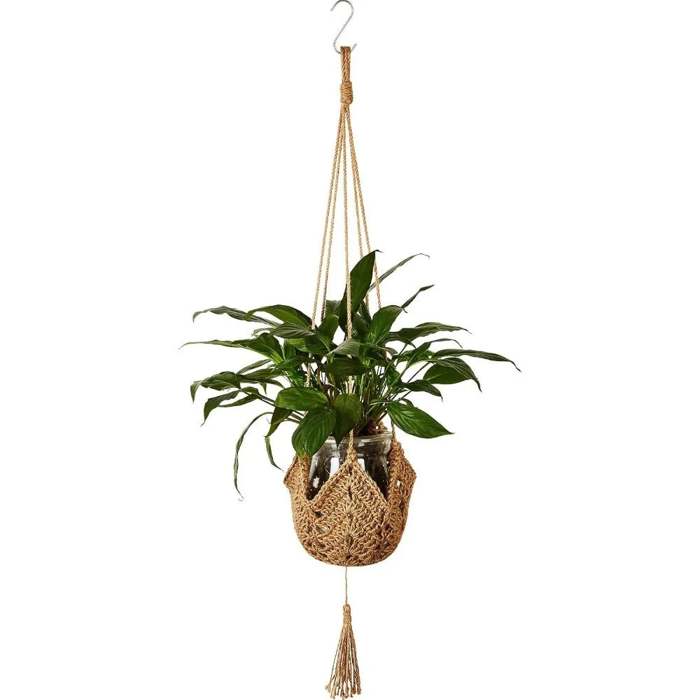 panier suspendu boho chic tissé motifs floraux jaune clair crochets métalliques deux cordons suspension