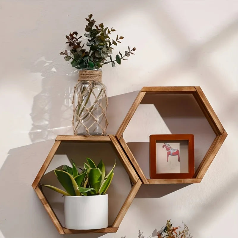 étagères murales hexagonales bois marron foncé modernes minimalistes adhésives plantes vase cadre figurine livre
