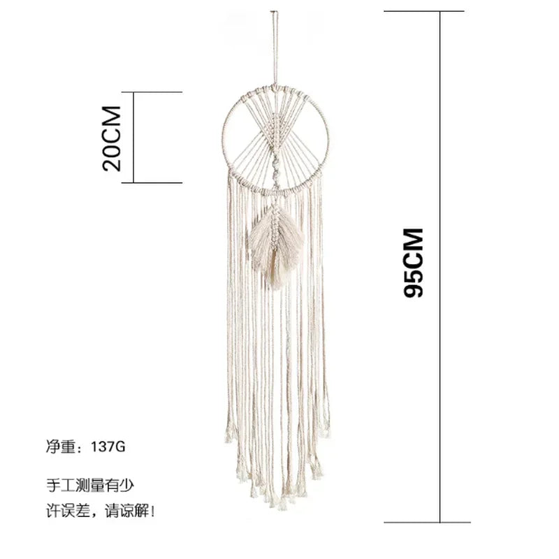 tapisserie murale macramé dreamcatcher blanc plumes franges boho artisanal chambre enfant decoration