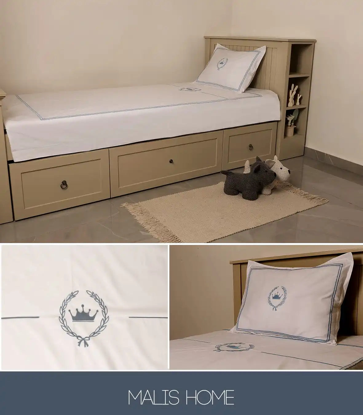 draps coton brodés couronne élégants oreillers couette literie chambre blanc motifs floraux