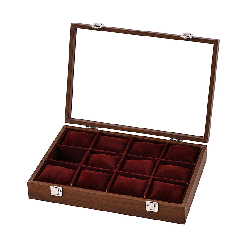 boîte montres boites 12 emplacements verre transparent moderne poignées métalliques coussinets doux rangement sécurité