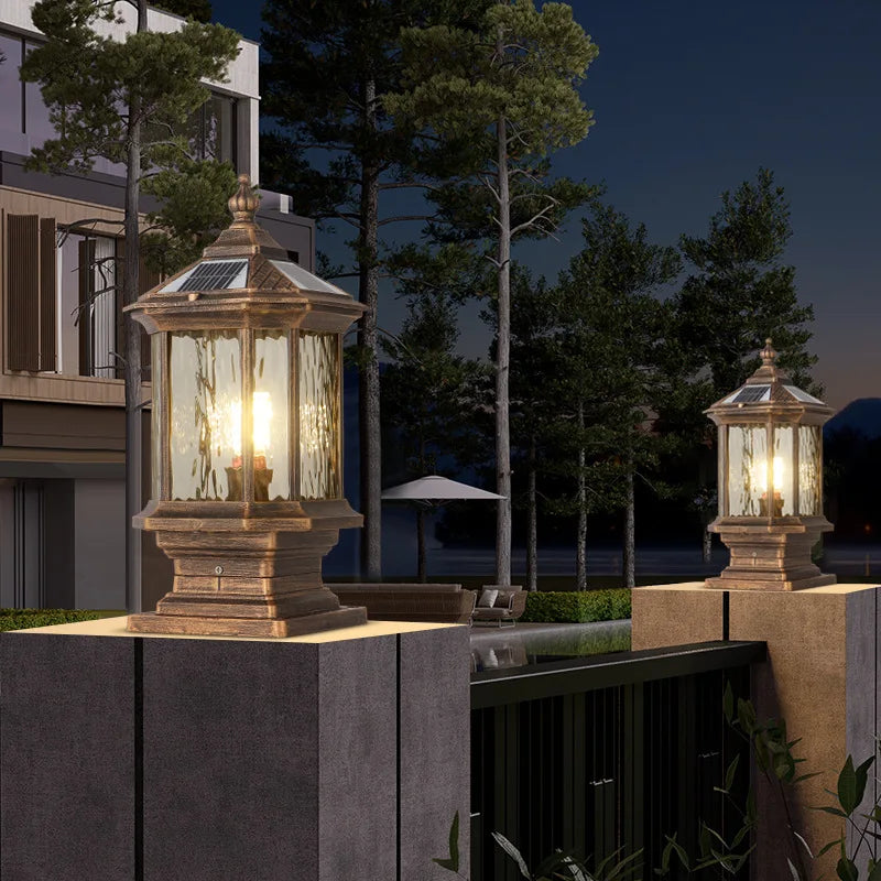 lampe solaire led extérieure verre transparent classique bronze industrielle éclairage public vintage autonomie aluminium