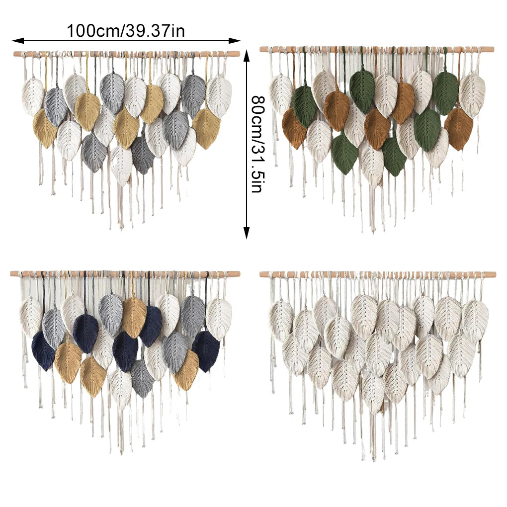 décoration murale boho feuilles stylisées coton biologique rubans vert beige gris