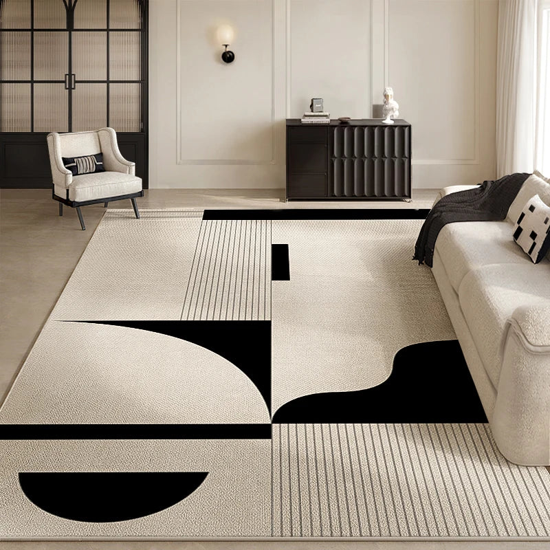 tapis géométrique moderne beige noir chambre salon simple minimaliste polyester loop pile MACHINE WASCHBAR