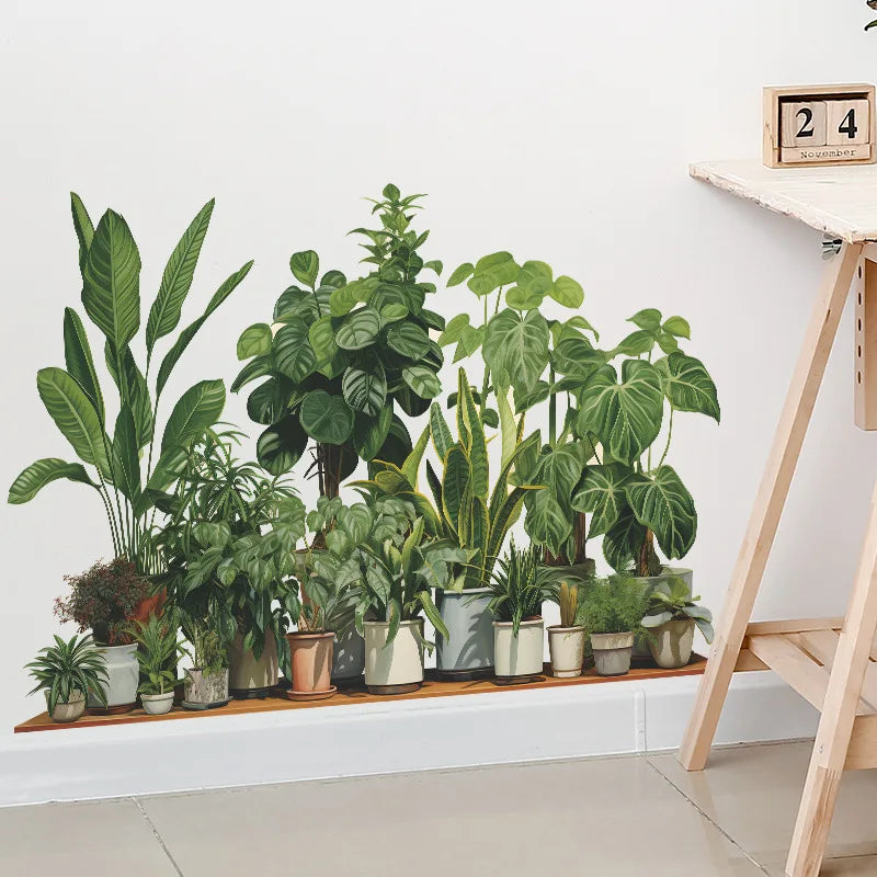 sticker mural plantes pots feuilles diverses moderne minimalisteintérieur décoration vert marron beige blanc