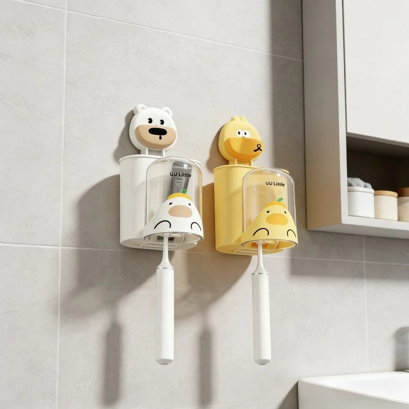 organisateur mural kawaii animal brosse dents adhésif support transparent moderne salle bain blanc jaune