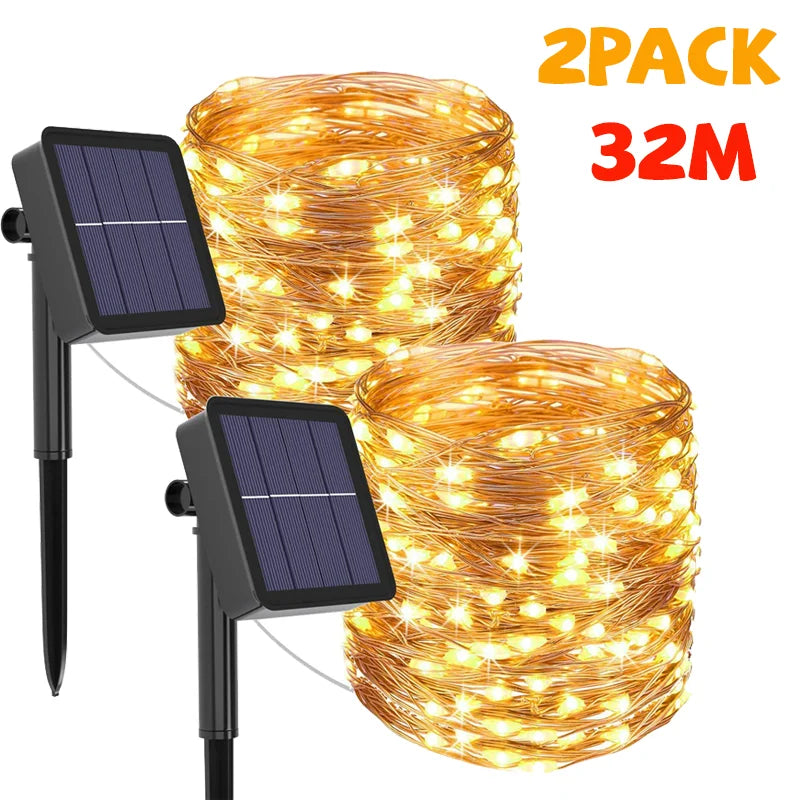 guirlande lumineuse solaire extérieure fil cuivre led décorative jardin terrasse cour étanche piquet doré
