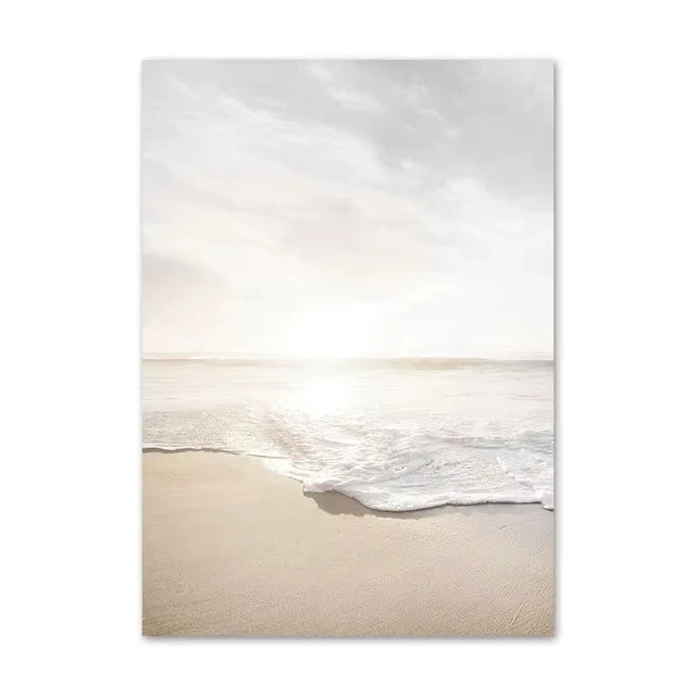 affiches art minimaliste paysages marins plumes feuilles beige blanc gris bleu clair toile opaques