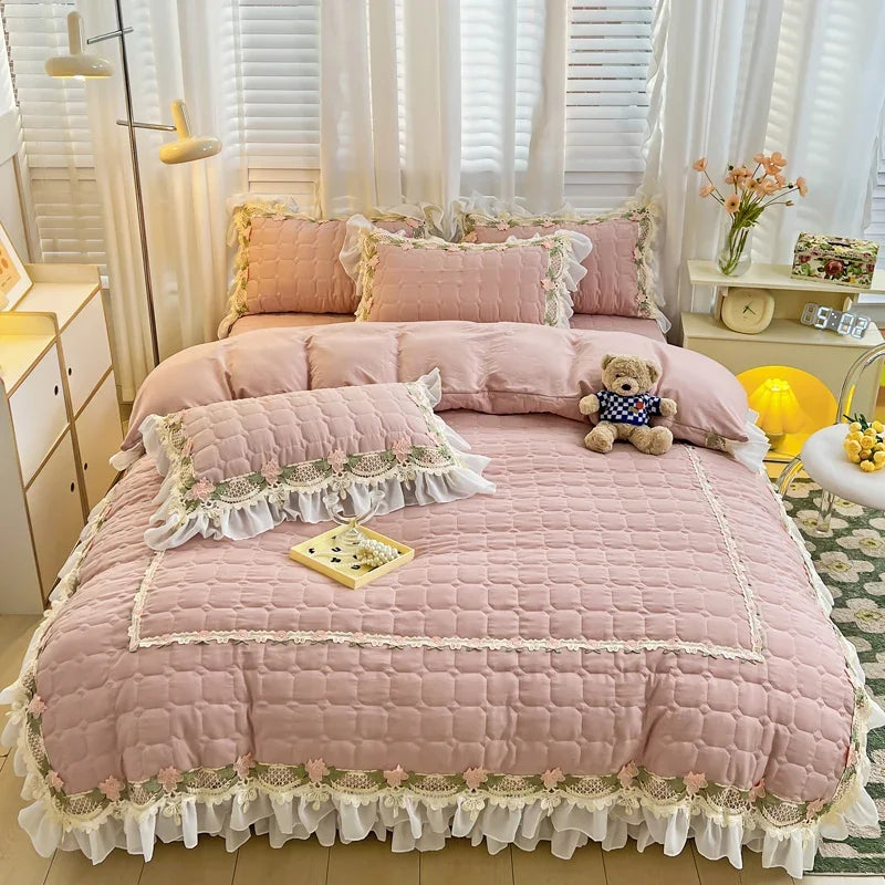 housse couette coton rose dentelle fleurs romantique blancs deux taies oreillers drap lit volants