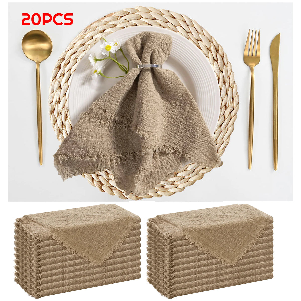 serviettes réutilisables coton jaune bleu clair classiques effilochées clips décoratifs table restaurant maison