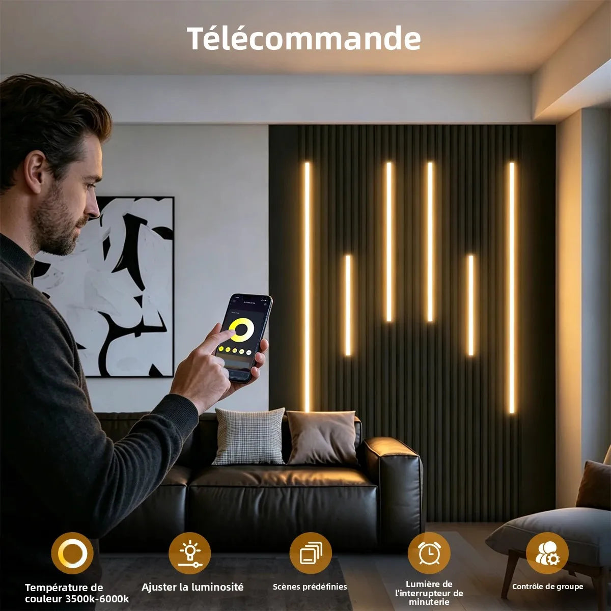 bande lumineuse cob cct adhésive blanc moderne télécommande bluetooth contrôleur adaptateur secteur 3500k 6000k