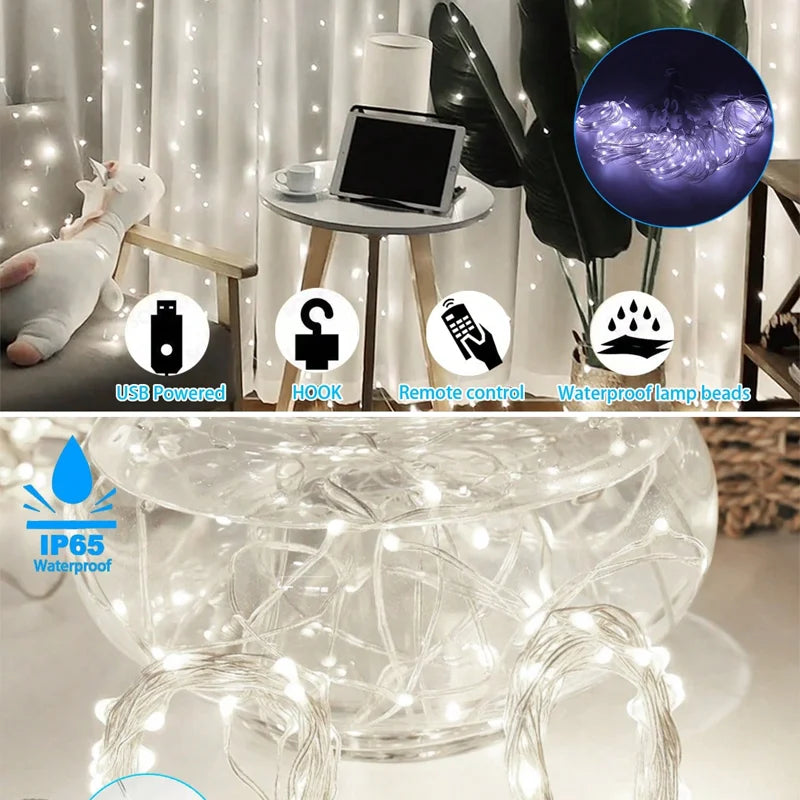 rideau lumineux led blanc chaud multicolore moderne télécommande usb crochets semi transparent vacances chambre