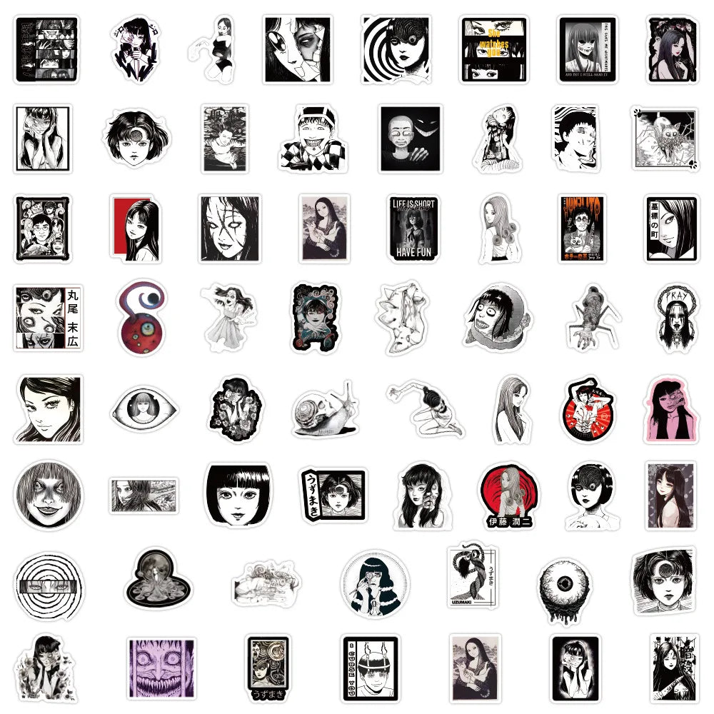 stickers adhésifs étanches gothiques manga abstraits visages grimaçants tomie kawakami junji ito