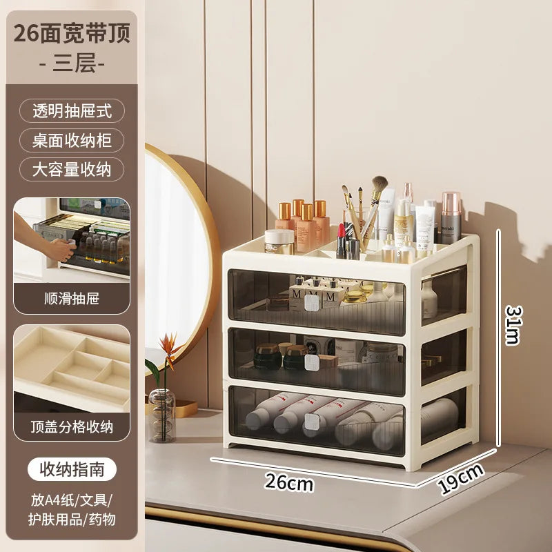 boîte rangement tiroirs transparents moderne beige clair compartiments organisation maison maquillage documents A4