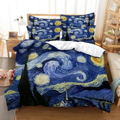 Housse de couette ado garçon Van Gogh ciel étoilé 3D en microcarence sur un lit