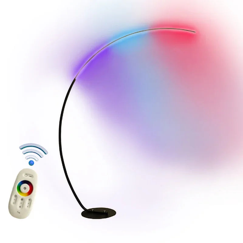 lampe pied arc moderne télécommande noir blanc beige bleu rouge violet minimaliste