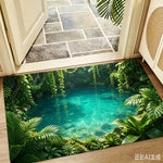 tapis décoratif moderne paysage cascade végétation bleu gris vert noir