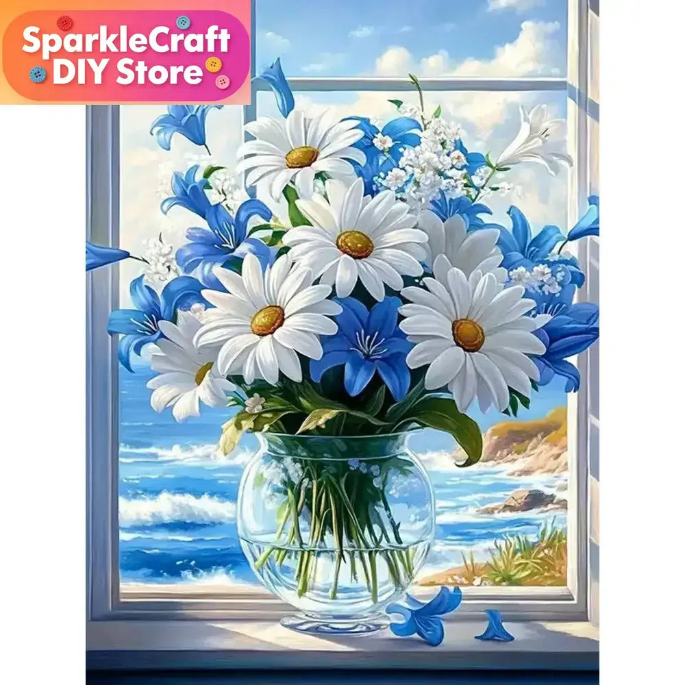 peinture diamant bouquet fleurs vase transparent feuilles vertes blanc bleu réaliste classique 30cm 40cm