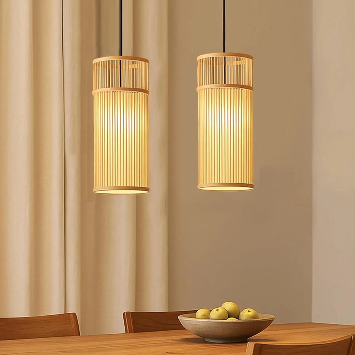 lampe suspendue moderne bambou tissé main boho rayures verticales beige noir