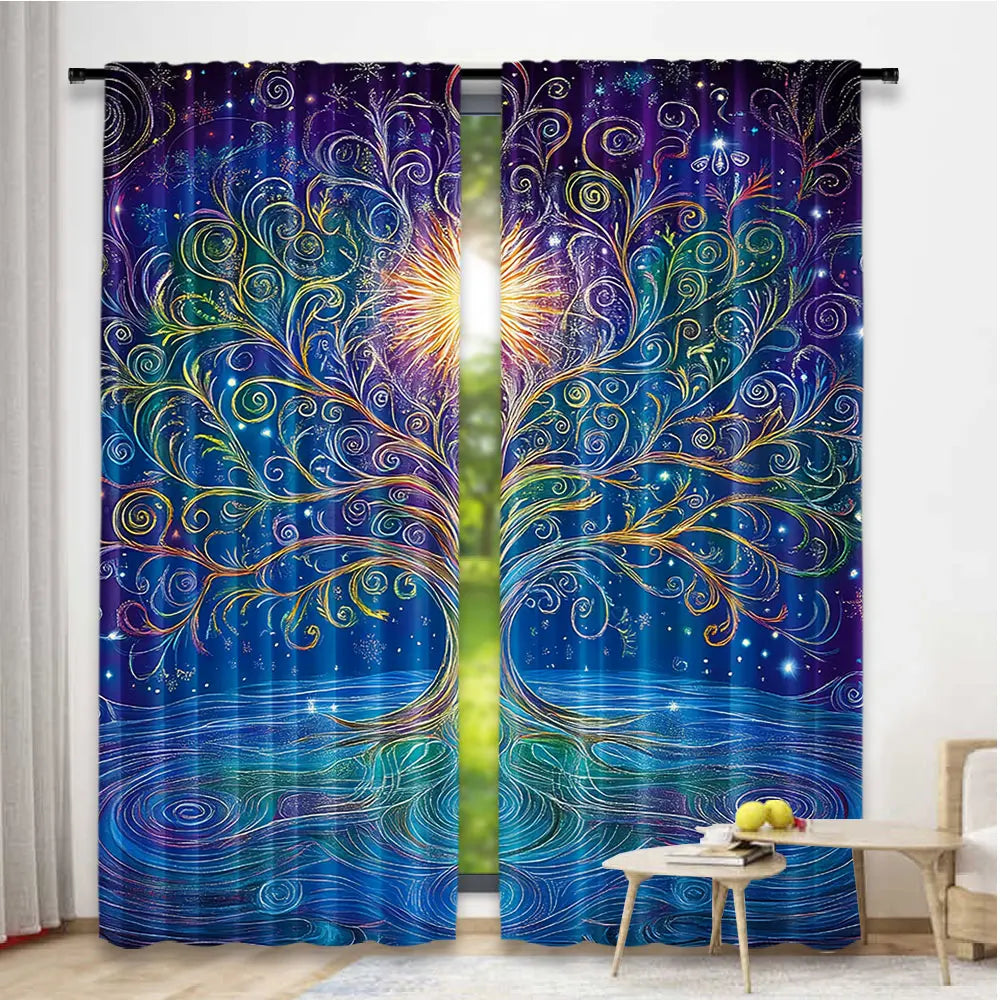rideau moderne arbre stylisé branches ondulées fond galactique étoiles polyester bleu violet jaune vert